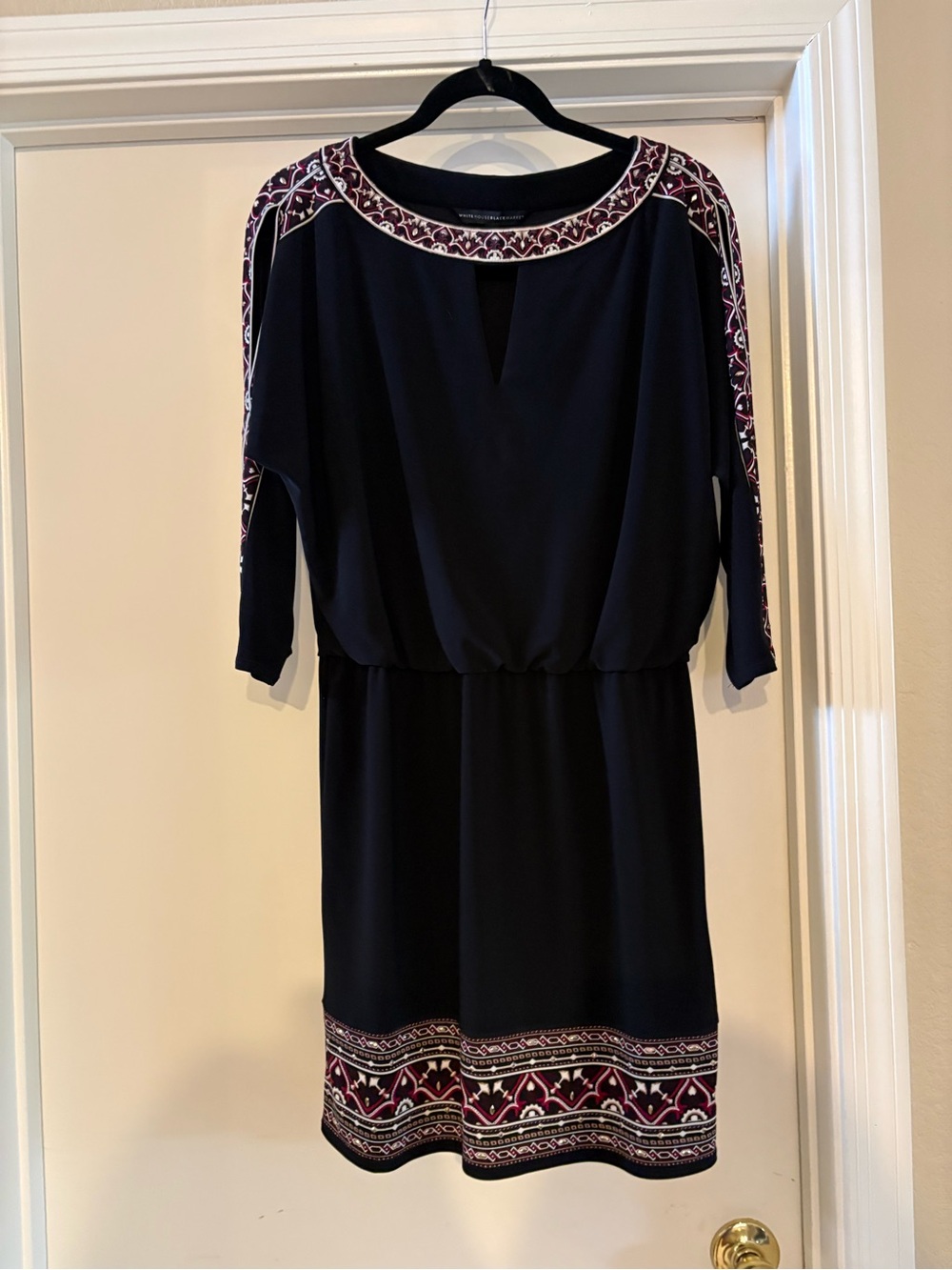 White House Black Market Navy Dress with Burgundy and Cream Trim
